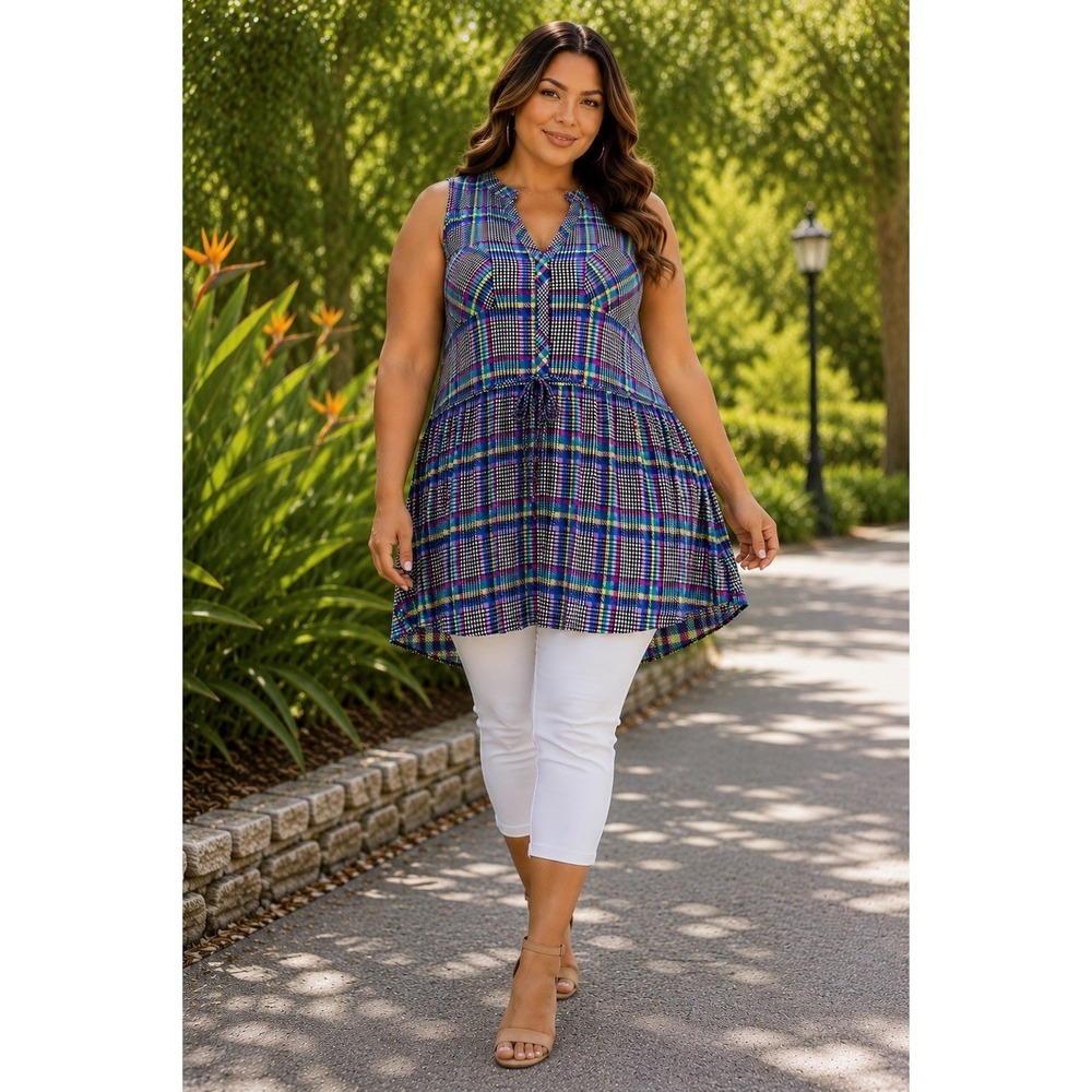 Torrid Size 6 Plaid Tunic Top Rayon Sleeveless Babydoll Tie Front Colorful AB14
